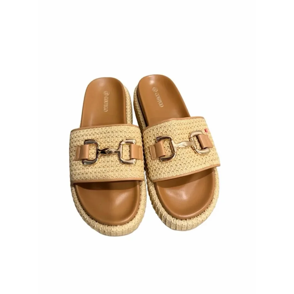 Coutgo Womens Platform Sandals Raffia Espadrilles Slip-on Open Toe Slides 9.5 - Picture 4 of 8